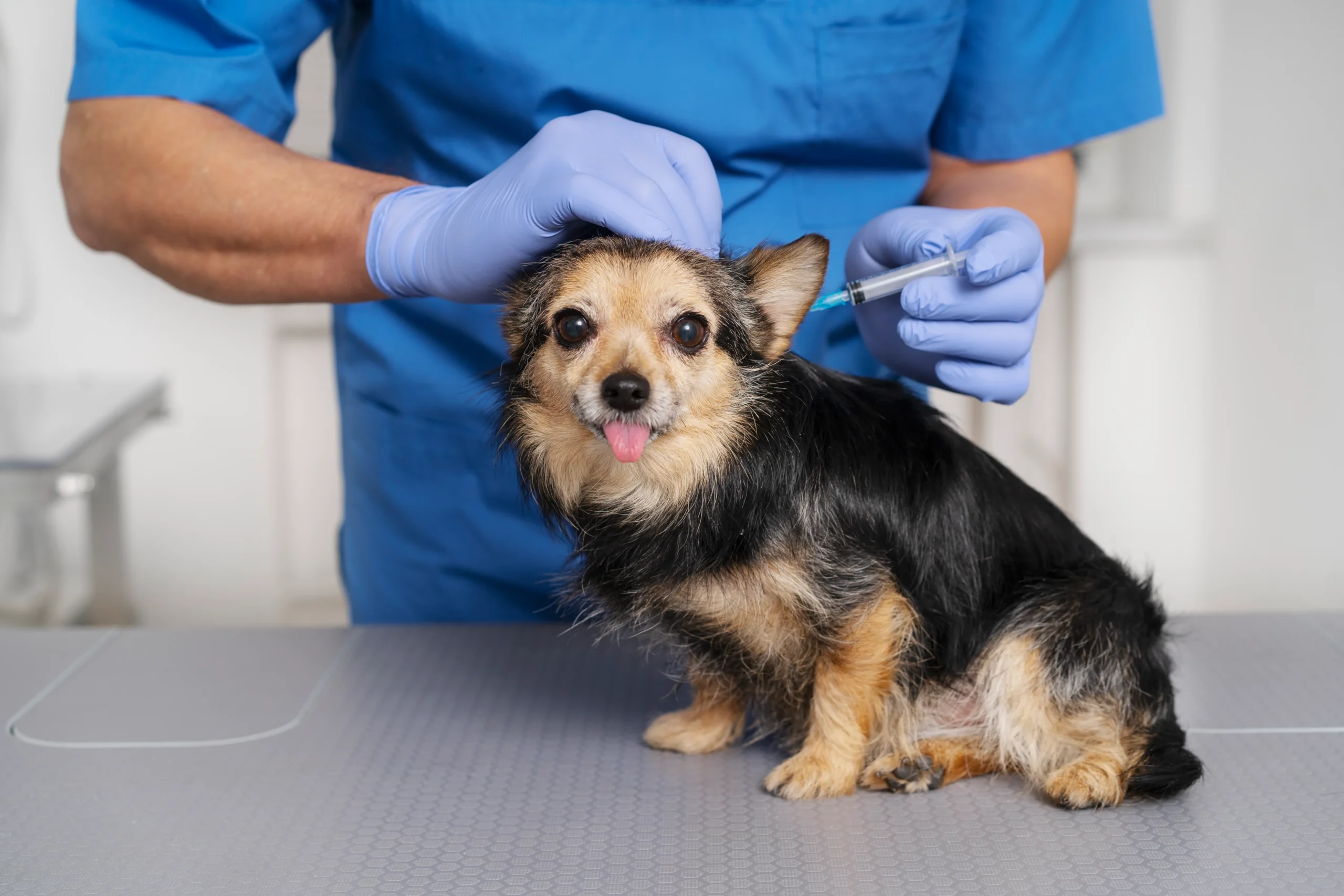 Cachorro filhote recebendo vacina no veterinário — calendário de vacinação para cães